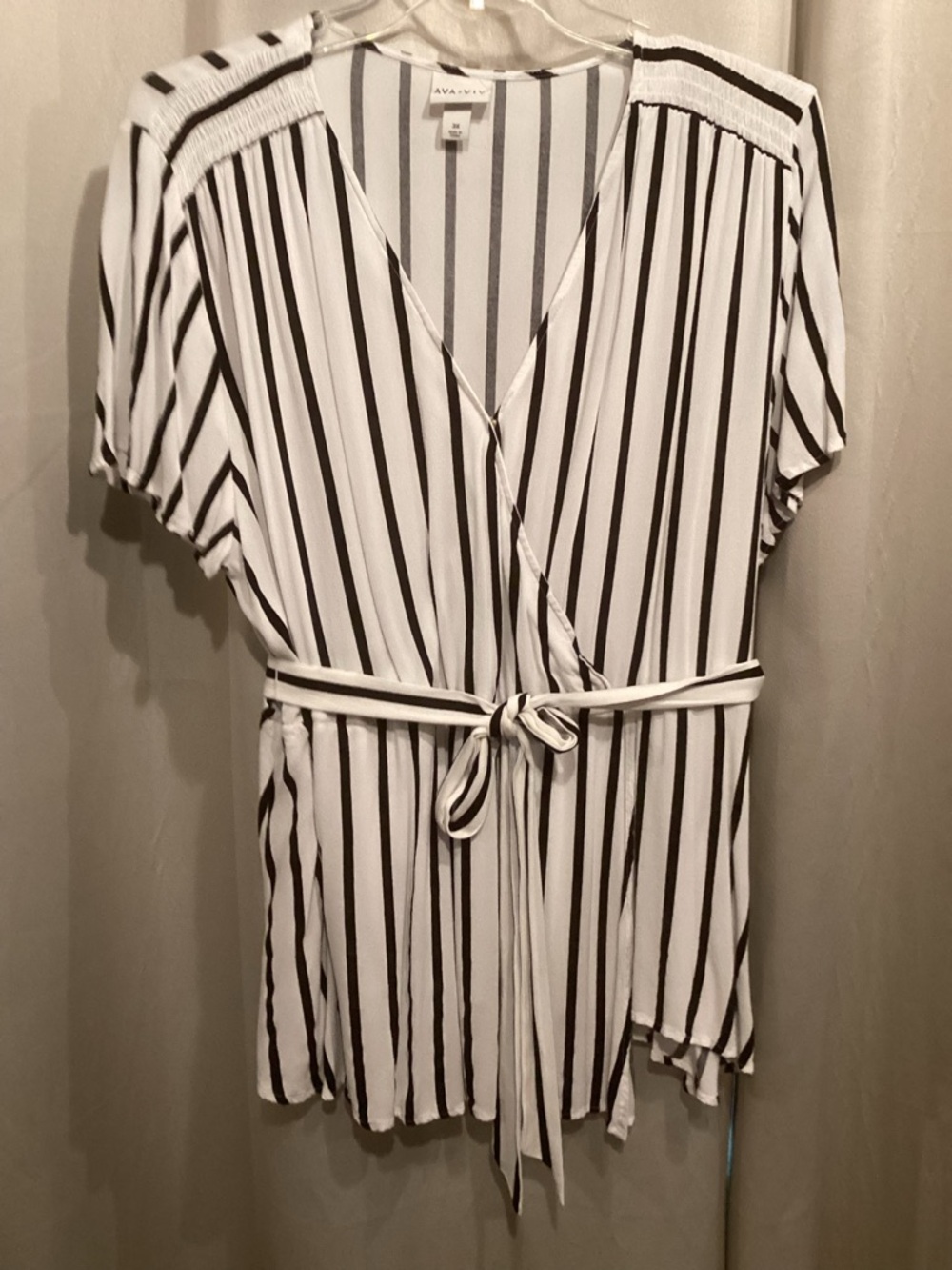 AVA & VIV White and Black Striped Top with Belt at the Waist